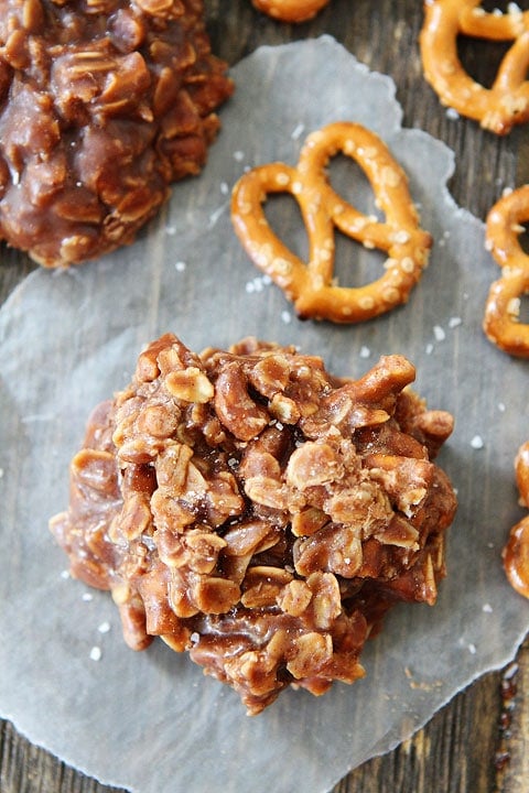 No-Bake Chocolate Peanut Butter Pretzel Cookies Recipe No Bake Cookies with Peanut Butter and Pretzels and Sea salt
