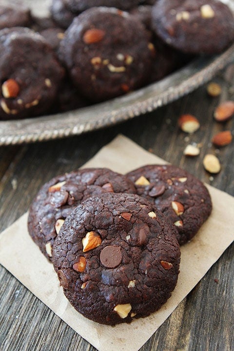 Vegan Chocolate Almond Cookies Recipe Vegan Chocolate Almond Cookies Recipe on twopeasandtheirpod.com Rich and fudgy chocolate cookies with almonds and chocolate chips! #vegan #chocolate