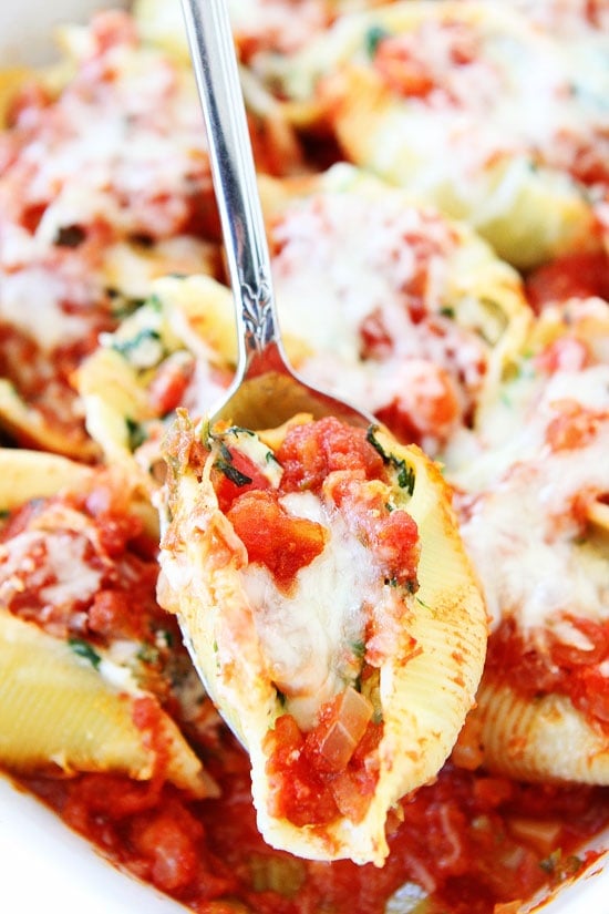 Roasted Vegetable Stuffed Shells Recipe on twopeasandtheirpod.com Pasta shells stuffed with roasted veggies, marinara sauce, and cheese! This dinner is always a hit! Roasted Vegetable Stuffed Shells Recipe on twopeasandtheirpod.com