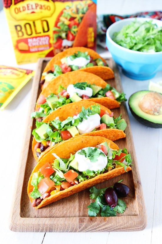 Three Bean Tacos Recipe on twopeasandtheirpod.com You can have these delicious tacos on your dinner table in 20 minutes! A great weeknight meal! #dinner #tacos Three Bean Tacos Recipe on twopeasandtheirpod.com