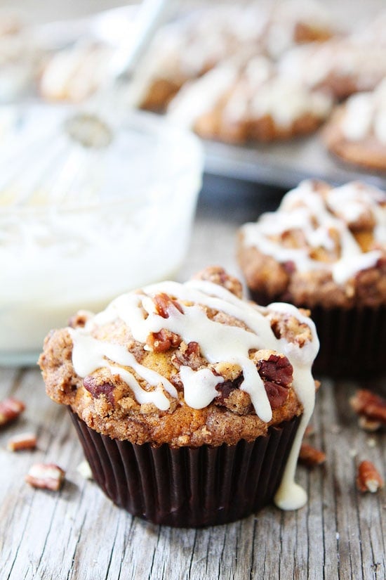 Brown Butter Pumpkin Streusel Muffins with Brown Butter Glaze Recipe on twopeasandtheirpod.com