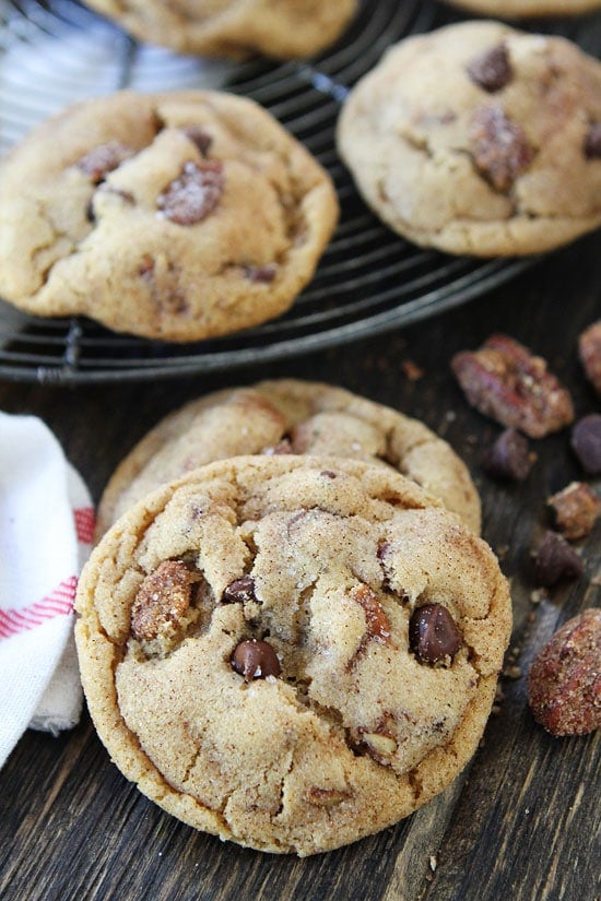 Candied Pecan Chocolate Chip Cookies Recipe on twopeasandtheirpod.com The candied pecans make chocolate chip cookies extra special! #cookies Candied Pecan Chocolate Chip Cookies Recipe on twopeasandtheirpod.com