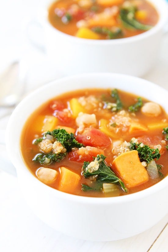 Fall Vegetable Quinoa Soup Recipe on twopeasandtheirpod.com This easy soup is vegan, gluten-free, and SO good! It is a favorite at our house! Fall Vegetable Quinoa Soup Recipe on twopeasandtheirpod.com