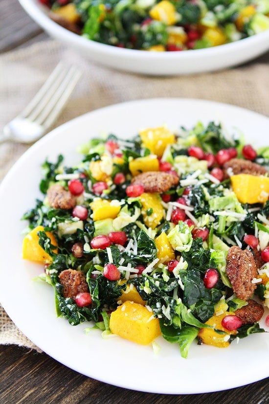 Kale and Brussels Sprouts Salad with Butternut Squash, Pomegranate, and Candied Pecans Recipe on twopeasandtheirpod.com The perfect salad for all of your holiday meals! Kale and Brussels Sprouts Salad with Butternut Squash, Pomegranate, and Candied Pecans Recipe on twopeasandtheirpod.com