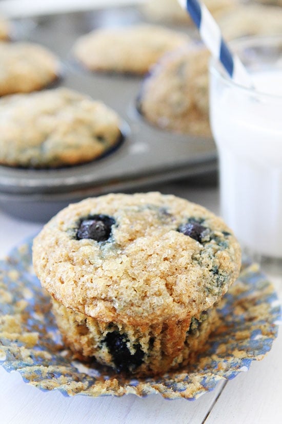 Vegan Banana Blueberry Muffins Recipe on twopeasandtheirpod.com These healthy muffins are a great breakfast treat! They freeze well too! vegan blueberry muffins that are healthy and delicious