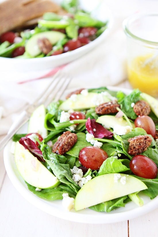 Apple, Grape, and Candied Pecan Salad with Maple-Mustard Dressing Recipe on twopeasandtheirpod.com This salad goes great with any meal! Everyone will beg for the recipe! Apple, Grape, and Candied Pecan Salad with Maple-Mustard Dressing Recipe on twopeasandtheirpod.com