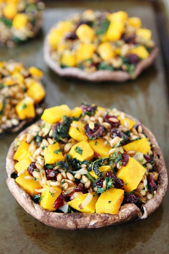 Stuffed Portobello Mushrooms with Farro, Butternut Squash, and Kale Recipe on twopeasandtheirpod.com Love this simple and healthy vegetarian meal! Stuffed Portobello Mushrooms with Farro, Butternut Squash, and Kale Recipe