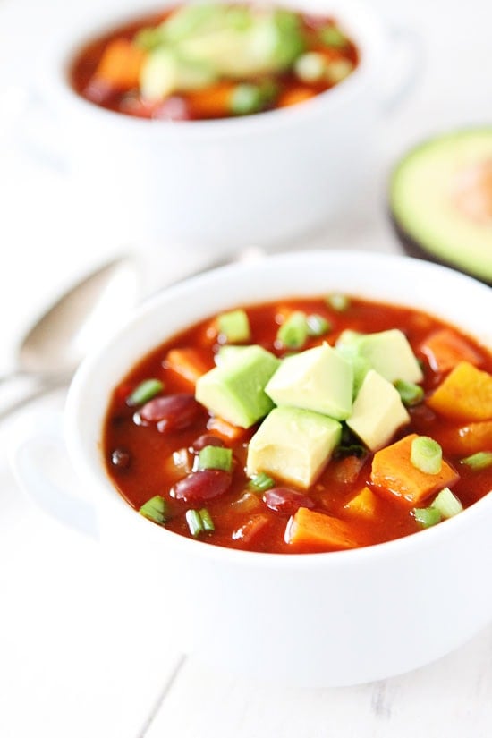 Slow Cooker Vegan Sweet Potato Chili Recipe on twopeasandtheirpod.com This healthy chili is a family favorite and it's easy to make too! Slow Cooker Vegan Sweet Potato Chili Recipe on twopeasandtheirpod.com