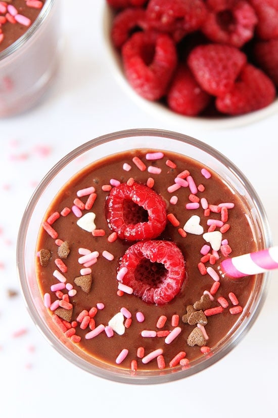 Chocolate Raspberry Smoothie Recipe on twopeasandtheirpod.com You will never know this easy chocolate smoothie is healthy! It is SO good! Chocolate Raspberry Smoothie Recipe