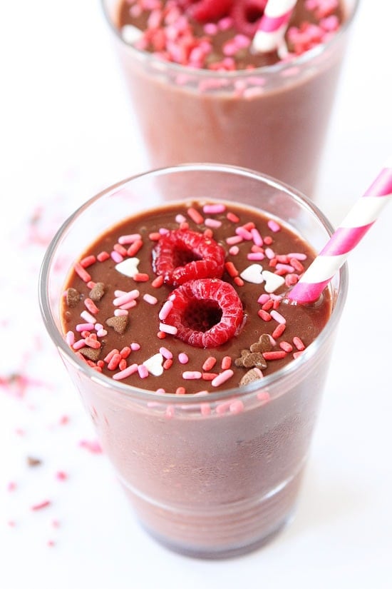 Chocolate Raspberry Smoothie Recipe on twopeasandtheirpod.com This easy chocolate smoothie is SO good! You will never guess it is good for you too! Chocolate Raspberry Smoothie Recipe