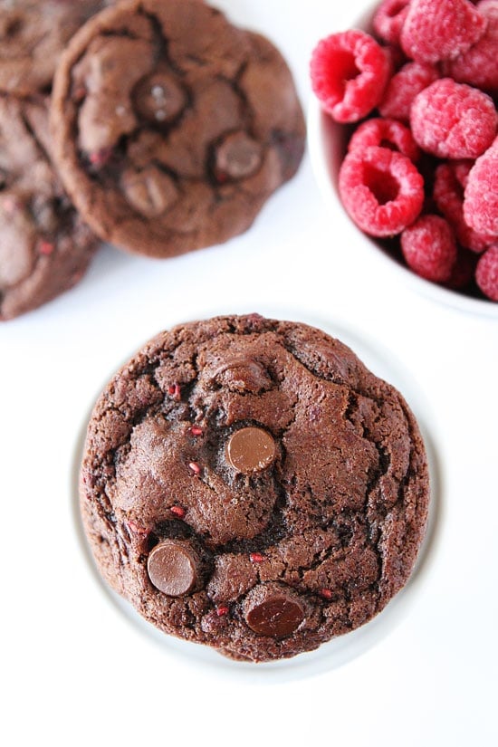Dark Chocolate Raspberry Cookies Recipe on twopeasandtheirpod.com The chocolate and raspberry combo is divine! These cookies are amazing! Dark Chocolate Raspberry Cookies Recipe