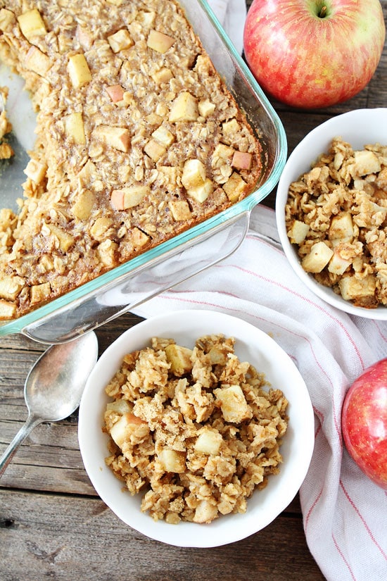 Baked Peanut Butter Apple Oatmeal Recipe on twopeasandtheirpod.com This easy baked oatmeal is a favorite at our house! Make a big pan and reheat during the week! Baked Peanut Butter Apple Oatmeal Recipe
