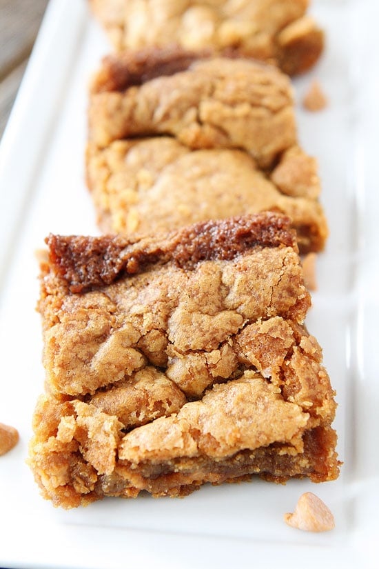 Salted Caramel Butterscotch Blondies Recipe on twopeasandtheirpod.com Chewy blondies with butterscotch chips and salted caramel. Top with vanilla ice cream for an extra special dessert! Salted Caramel Butterscotch Blondies Recipe