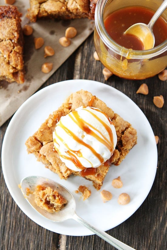 Salted Caramel Butterscotch Blondies Recipe on twopeasandtheirpod.com These blondies are easy to make and great for potlucks, parties, or any day dessert! Salted Caramel Butterscotch Blondies Recipe