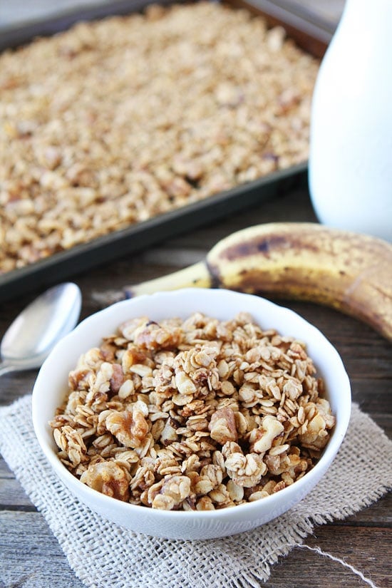 Banana Granola Recipe on twopeasandtheirpod.com A great recipe for using up brown bananas! We LOVE this easy granola! Banana Granola Recipe