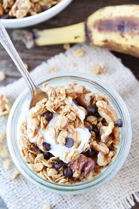 Banana Granola Recipe on twopeasandtheirpod.com This easy granola tastes just like banana bread! Enjoy with yogurt, milk, or by the handful! Banana Granola Recipe