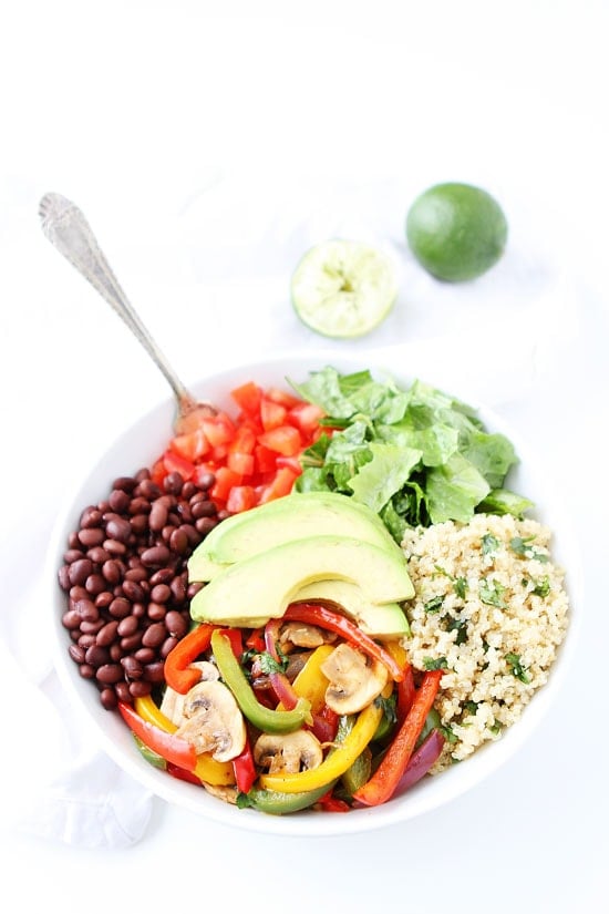 Fajita Quinoa Bowls Recipe on twopeasandtheirpod.com If you like fajitas, you will love these fajita bowls! Great for a healthy lunch or dinner! Fajita Quinoa Bowls Recipe