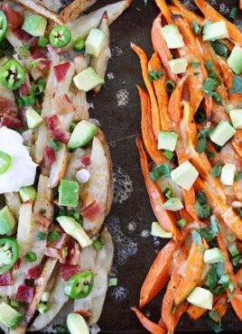 Loaded Cheese Fries made from russet and sweet potatoes