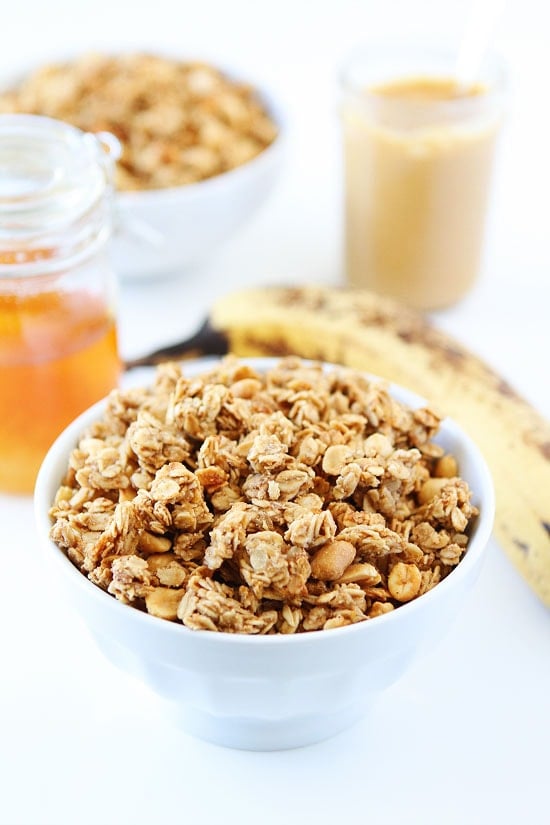 Peanut Butter, Banana, and Honey Granola Recipe on twopeasandtheirpod.com This easy homemade granola is great for breakfast or snacking! Peanut Butter, Banana, and Honey Granola Recipe