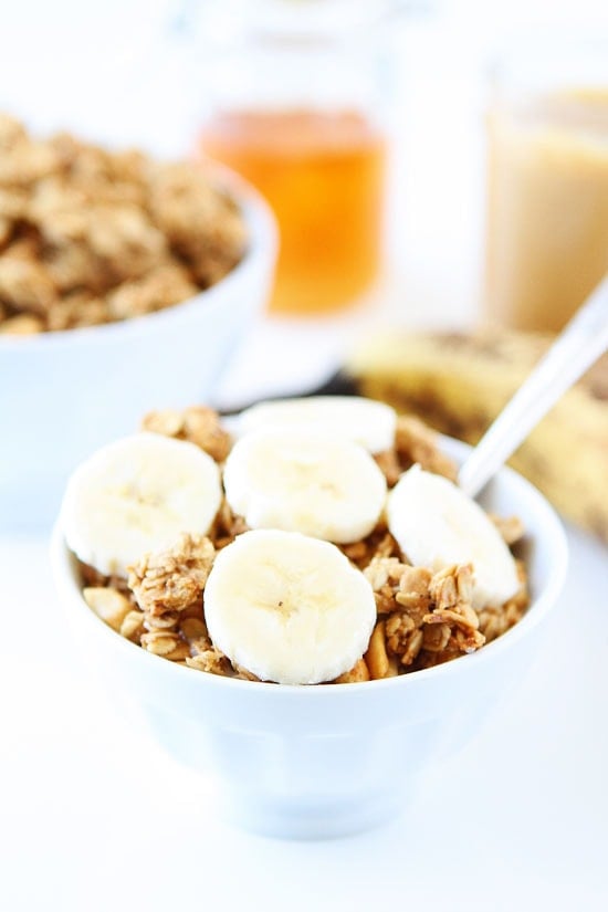 Peanut Butter, Banana, and Honey Granola Recipe on twopeasandtheirpod.com This easy granola is easy to make at home and great for breakfast or snacking! Peanut Butter, Banana, and Honey Granola Recipe