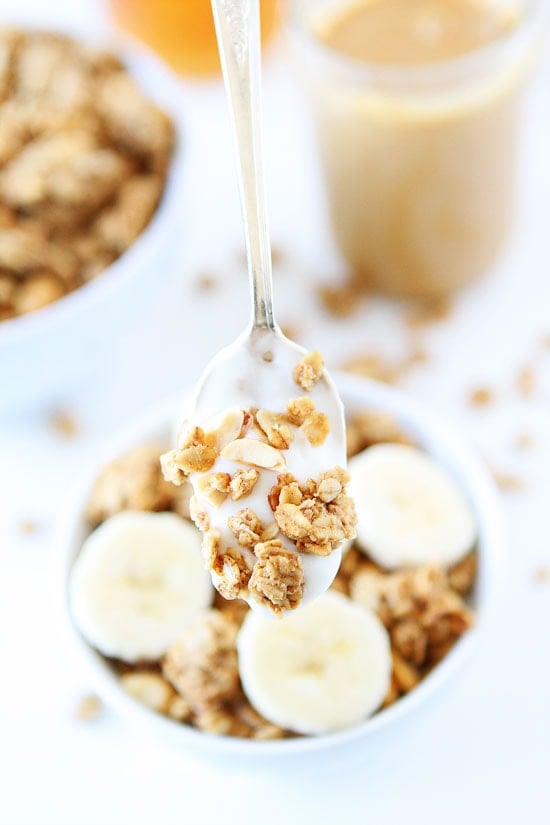 Peanut Butter, Banana, and Honey Granola Recipe on twopeasandtheirpod.com This easy homemade granola is amazing! It is perfect for breakfast or snacking! Peanut Butter, Banana, and Honey Granola Recipe