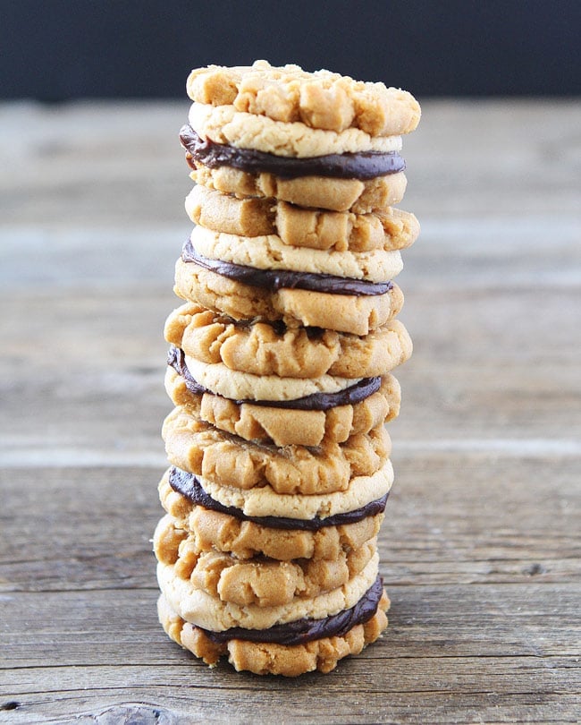 Flourless Peanut Butter Chocolate Ganache Sandwich Cookies Recipe on twopeasandtheirpod.com The BEST peanut butter cookie recipe and they are easy to make too! Flourless Peanut Butter Chocolate Ganache Sandwich Cookies Recipe