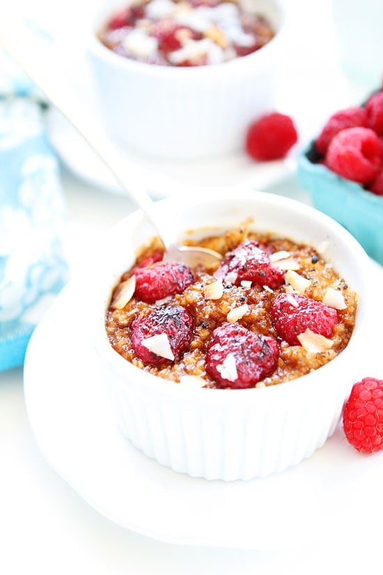 Raspberry Coconut Crème Brûlée Oatmeal Recipe on twopeasandtheirpod.com This sweet and simple oatmeal recipe is such a breakfast treat! Kids and adults love it! Raspberry Coconut Crème Brûlée Oatmeal Recipe on twopeasandtheirpod.com
