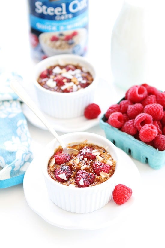 Raspberry Coconut Crème Brûlée Oatmeal Recipe on twopeasandtheirpod.com This oatmeal is a real breakfast treat! Raspberry Coconut Crème Brûlée Oatmeal Recipe