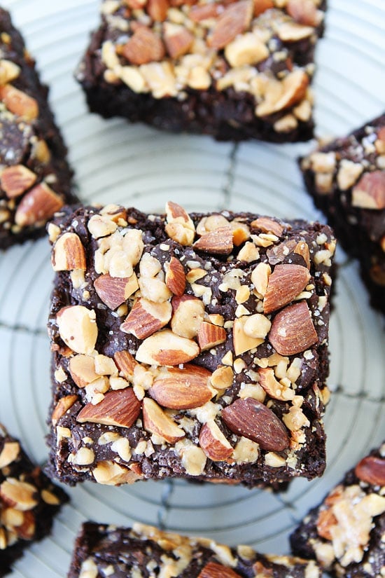 Almond Toffee Sea Salt Brownies on twopeasandtheirpod.com Rich, fudgy brownies with almonds, toffee, and a sprinkle of sea salt. The perfect dessert! Almond Toffee Sea Salt Brownie Recipe