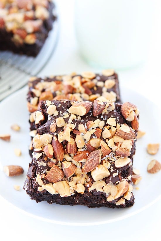 Almond Toffee Sea Salt Brownies on twopeasandtheirpod.com Rich, fudgy brownies with almonds, toffee, and a sprinkle of sea salt. These brownies are amazing! Almond Toffee Sea Salt Brownies Recipe