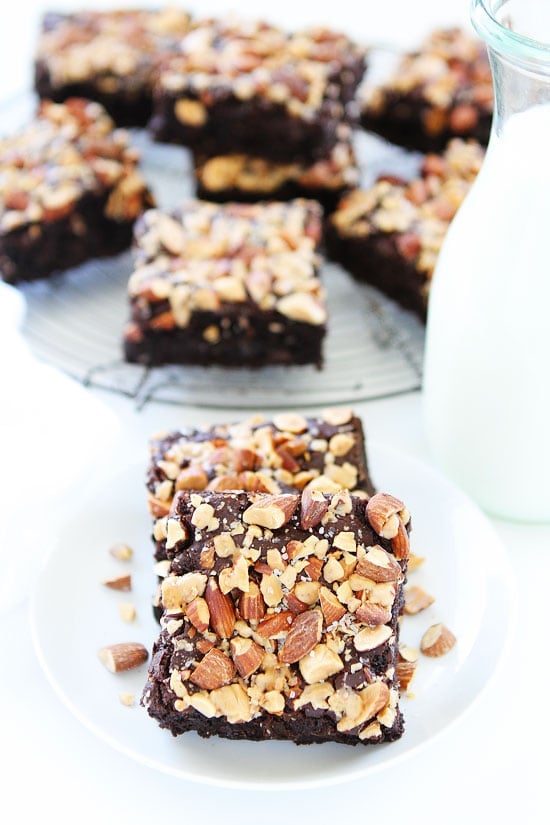Almond Toffee Sea Salt Brownies on twopeasandtheirpod.com Rich, fudgy brownies with almonds, toffee, and a sprinkle of sea salt. We love these brownies! Almond Toffee Sea Salt Brownies