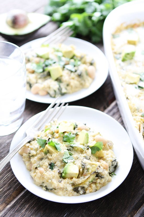 Green Chile Enchilada Quinoa Bake Recipe on twopeasandtheirpod.com This quinoa bake is one of our favorite dinner recipes! Make it tonight! Green Chile Enchilada Quinoa Bake Recipe