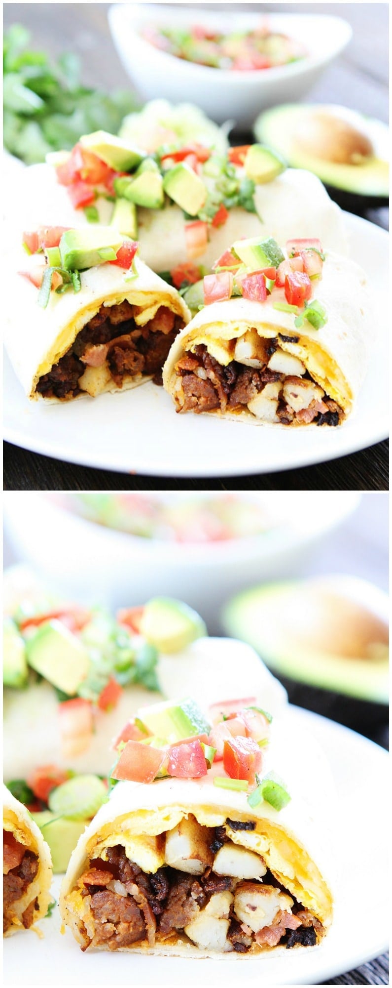 Chorizo Bacon Breakfast Burritos on twopeasandtheirpod.com These burritos make a great, hearty breakfast and they freeze well too!