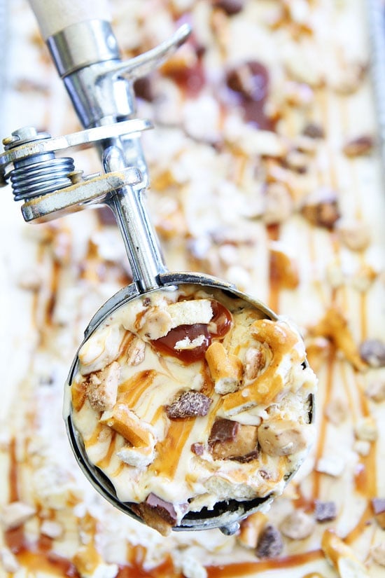 No Churn Salted Caramel Toffee Pretzel Ice Cream Recipe on twopeasandtheirpod.com This easy no churn ice cream is the BEST! No Churn Salted Caramel Toffee Pretzel Ice Cream Recipe