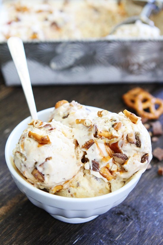 No Churn Salted Caramel Toffee Pretzel Ice Cream Recipe on twopeasandtheirpod.com You don't need an ice cream maker to make this heavenly ice cream! It is so easy and SO good! No Churn Salted Caramel Toffee Pretzel Ice Cream Recipe