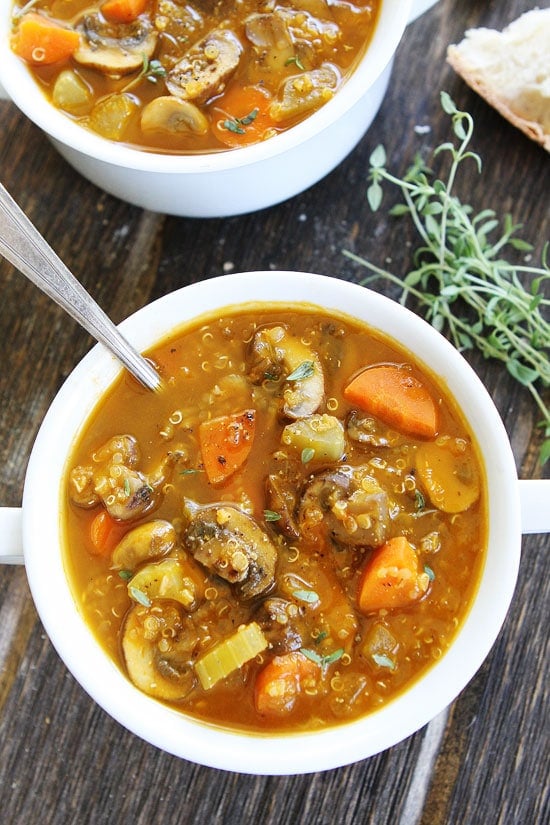 Mushroom Quinoa Soup Recipe on twopeasandtheirpod.com This healthy and hearty soup is perfect for lunch or dinner! It is gluten-free, vegan, and SO delicious! Mushroom Quinoa Soup Recipe