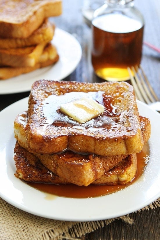 Pumpkin French Toast Recipe on twopeasandtheirpod.com The perfect breakfast treat for fall! Pumpkin French Toast Recipe
