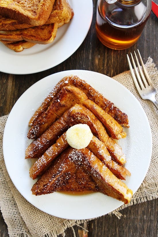 Pumpkin French Toast Recipe on twopeasandtheirpod.com Our favorite fall breakfast! This French toast is amazing! Pumpkin French Toast Recipe