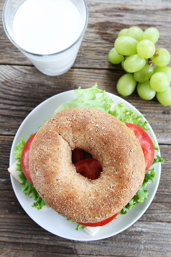 Turkey Havarti Bagel Sandwich Recipe on twopeasandtheirpod.com This tasty sandwich only takes 5 minutes to make and is great for school lunches! Turkey Havarti Bagel Sandwich Recipe