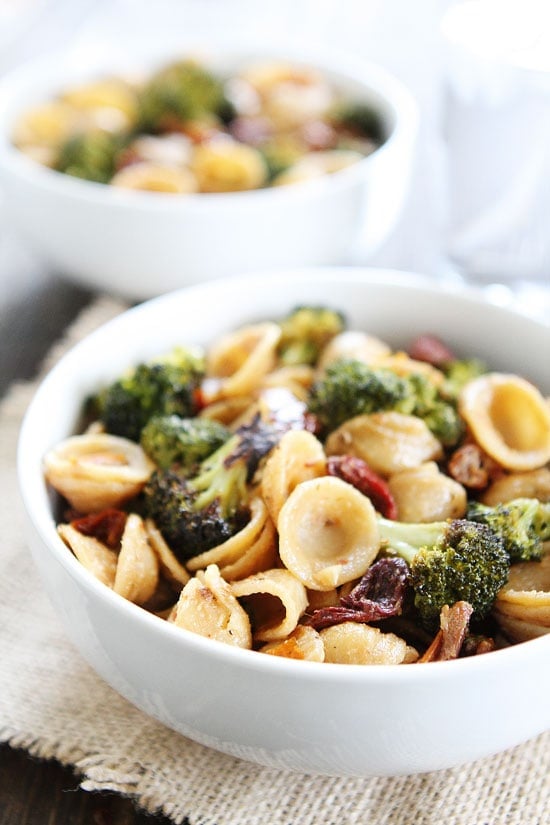 Creamy Goat Cheese Pasta with Roasted Broccoli and Sun-Dried Tomatoes Recipe on twopeasandtheirpod.com This simple and healthy pasta dish is perfect for busy weeknights! Creamy Goat Cheese Pasta with Roasted Broccoli and Sun-Dried Tomatoes Recipe
