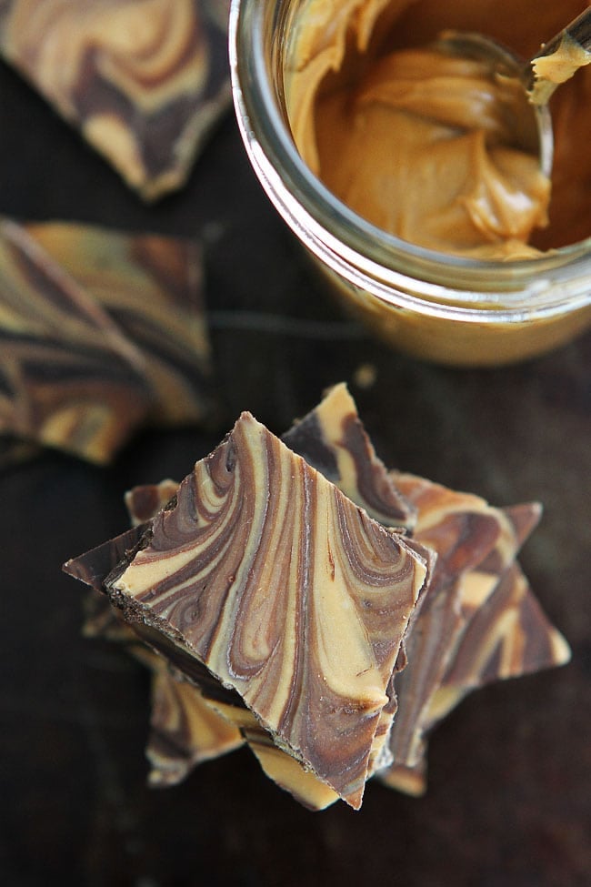 Peanut Butter Chocolate Swirl Bark Recipe on twopeasandtheirpod.com You only need 3 ingredients to make this delicious bark! It is a great holiday or anytime treat! Peanut Butter Chocolate Swirl Bark Recipe