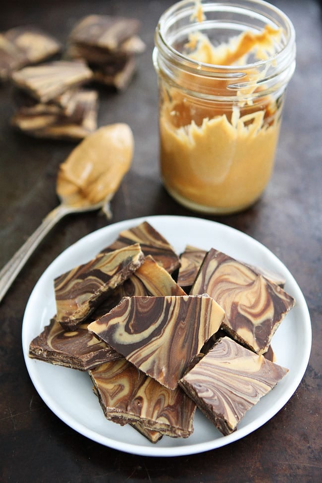 Peanut Butter Chocolate Swirl Bark Recipe on twopeasandtheirpod.com You only need 3 ingredients to make this delicious bark! It is SO easy and SO good! Peanut Butter Chocolate Swirl Bark Recipe