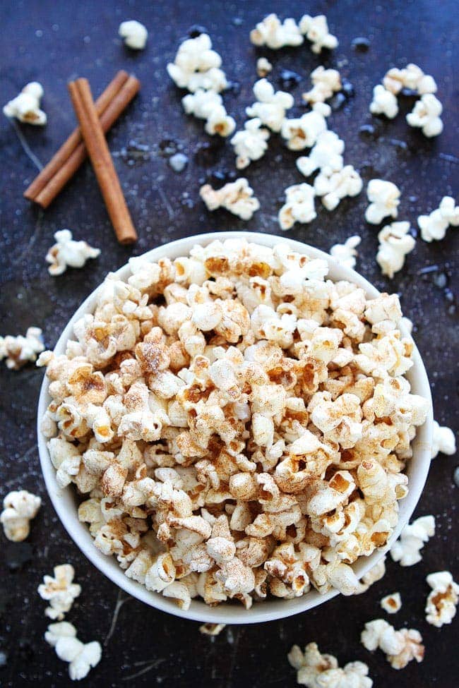 Brown Butter Cinnamon Sugar Popcorn Recipe on twopeasandtheirpod.com This simple and sweet popcorn is a real treat! It is perfect for movie night, game day, or any day! Brown Butter Cinnamon Sugar Popcorn Recipe