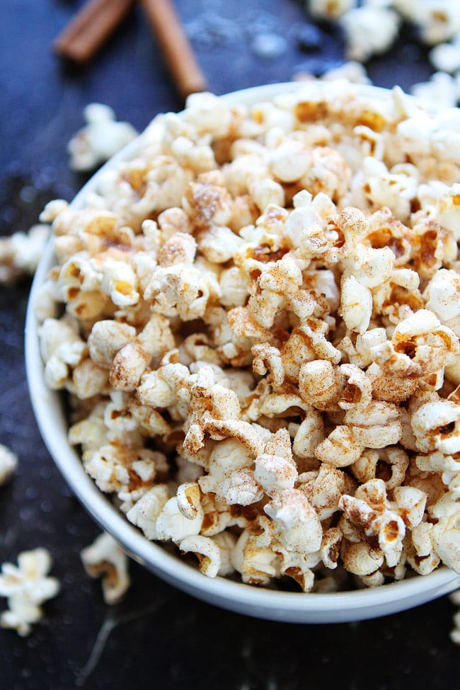 Brown Butter Cinnamon Sugar Popcorn Recipe on twopeasandtheirpod.com This simple and sweet popcorn is our favorite! You have to try it! Brown Butter Cinnamon Sugar Popcorn Recipe