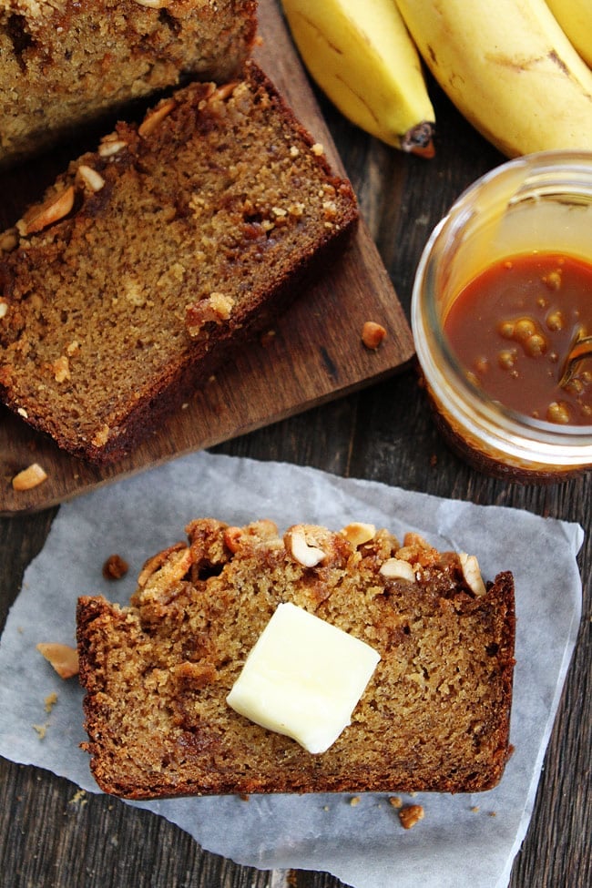 Salted Caramel Cashew Banana Bread Recipe on twopeasandtheirpod.com Banana bread with a salted caramel swirl and cashew streusel topping! I love the sweet and salty combo! Salted Caramel Cashew Banana Bread Recipe