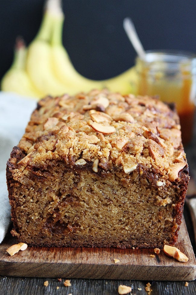 Salted Caramel Cashew Banana Bread Recipe on twopeasandtheirpod.com The BEST banana bread recipe. You have to try this one! Salted Caramel Cashew Banana Bread Recipe