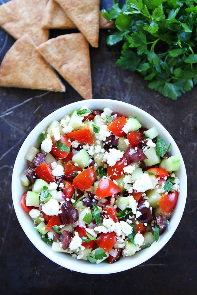 Greek Salsa Recipe on twopeasandtheirpod.com Serve this simple and healthy Greek salsa with pita chips, chicken, or fish! It is amazing! Greek Salsa Recipe