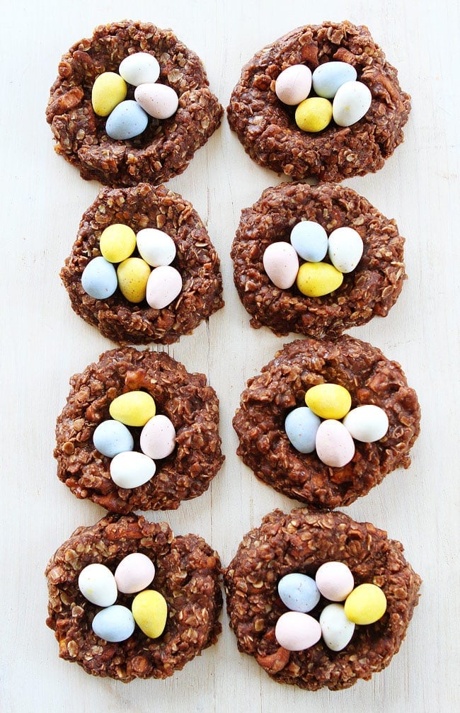 No-Bake Chocolate Peanut Butter Nest Cookie Recipe on twopeasandtheirpod.com These easy no-bake cookies are perfect for spring and Easter! No-Bake Chocolate Peanut Butter Nest Cookies Recipe