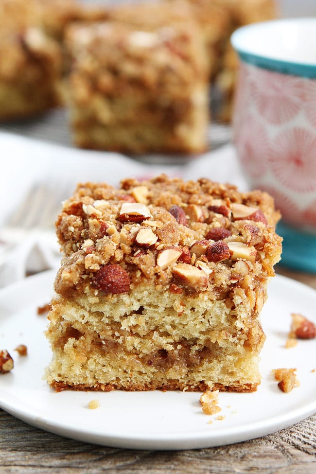 Almond Coffee Cake Recipe on twopeasandtheirpod.com This simple coffee cake has a sweet almond streusel filling and topping. It is great for breakfast, brunch, or dessert. Almond Coffee Cake Recipe on twopeasandtheirpod.com