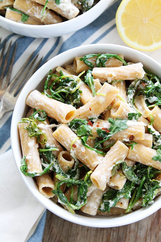 Lemon Arugula Pasta with Burrata Recipe on twopeasandtheirpod.com You only need 7 ingredients and 30 minutes to make this quick and easy pasta with lemon, arugula, and burrata cheese. It is a weeknight favorite! Lemon Arugula Pasta with Burrata Recipe